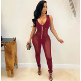 Solid Color Mesh Gauze Stitching Sexy Deep V Hollow Jumpsuit
