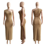 Solid Threaded Pleated Sloping Shoulder Slit Dress