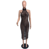 Sexy Cutout Knitted Fishnet Turtleneck Halterneck Maxi Dress