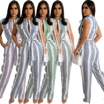 Fashion Stripe Print Belt Jumpsuit
