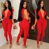 Fashion Solid Color Sexy Deep V Sleeveless Jumpsuit
