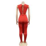 Fashion Solid Color Sexy Deep V Sleeveless Jumpsuit