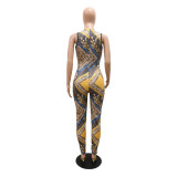 Printed Skinny Sexy Chest Zip Jumpsuit