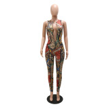 Printed Skinny Sexy Chest Zip Jumpsuit