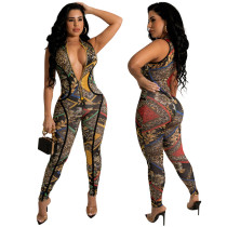 Printed Skinny Sexy Chest Zip Jumpsuit