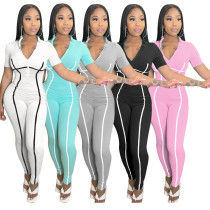 Pull Strip Stitching Solid Color Sexy Slim Fit Long Jumpsuit