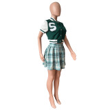 Casual Baseball Check Print Skirt Suit