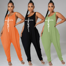 Casual Loose Solid Color Crew Neck Sleeveless Print Jumpsuit