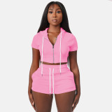 XS Solid Color Zip Short Top Hooded Two-Piece Set