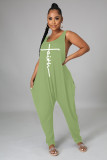 Casual Loose Solid Color Crew Neck Sleeveless Print Jumpsuit