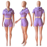 XS Solid Color Zip Short Top Hooded Two-Piece Set