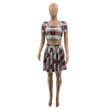 Printed Plaid Fashion Sexy Pleated Skirt Suit