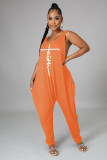 Casual Loose Solid Color Crew Neck Sleeveless Print Jumpsuit