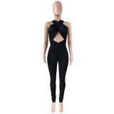 Solid Color Sexy Cross Cutout Slim Fit Jumpsuit