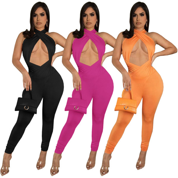 Solid Color Sexy Cross Cutout Slim Fit Jumpsuit