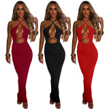 Solid Color Cross-Hanging Neck Sexy Hollow Out Hip Dress