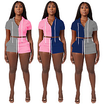 Fashion Stitching Short Top Hooded Two-piece Set