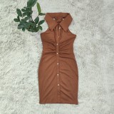 Solid Color Slim Fit Pleated Lapel Sleeveless Bag Hip Dress