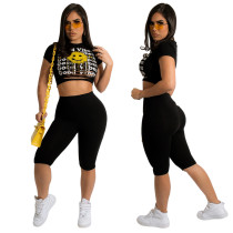 Two-piece Set Of Fashion Print Short T-shirt And Five-point Pants