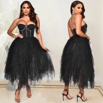 Fashion Solid Color Hot Diamond Tube Top Fluffy Dress