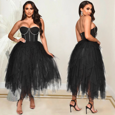 Fashion Solid Color Hot Diamond Tube Top Fluffy Dress