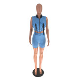 Sleeveless Zipper Fashion Casual Two Piece Set