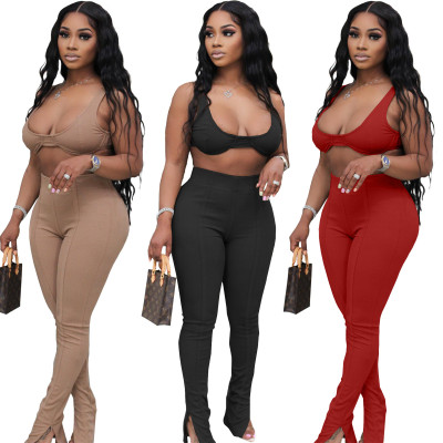 Fashion Casual Pants Foot Slit Solid Color Two Piece Set