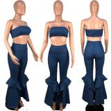 Hot Style Tube Top Flared Jeans Denim Two-piece Set