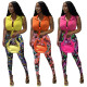 Solid Color Sleeveless Shirt Printed Pants Set
