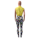 Solid Color Sleeveless Shirt Printed Pants Set