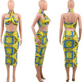 Individual Square Pattern Print Sexy Halter Halter Skirt Suit