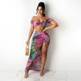 Sexy Lace-Up Print Top Cutout Drawstring Skirt Set