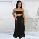Hollow Sexy Tube Top Solid Color Mesh Gauze Perspective Set