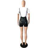 Stretch PU Leather Sexy Suspender Jumpsuit + Short Sleeve T-Shirt Two-piece Set