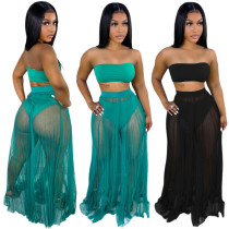 Hollow Sexy Tube Top Solid Color Mesh Gauze Perspective Set