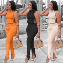 Sexy Casual Solid Color Crew Neck Side Slit Two-piece Suit