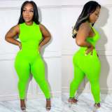 Solid Color Crew Neck Sleeveless Suit