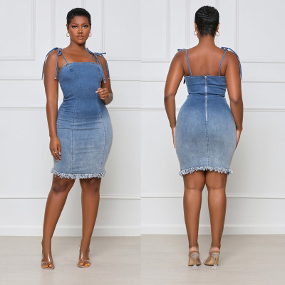 Sexy Backless Suspender Bag Hip Slim Raw Edge Denim Dress