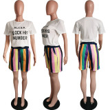 Fashion Casual Loose Rainbow Striped Shorts Set