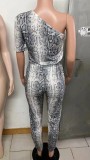 Snake Print Slanted Shoulder Short Sleeve Sexy Home Jumpsuit