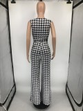 Sleeveless Deep V Houndstooth Print Jumpsuit (with Belt)