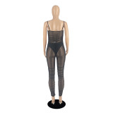 Solid Color Mesh Gauze Pleated Jumpsuit (Including Panties)