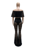 Sexy One-shoulder Ruffled Open-waist Lace Flared Pants Suit
