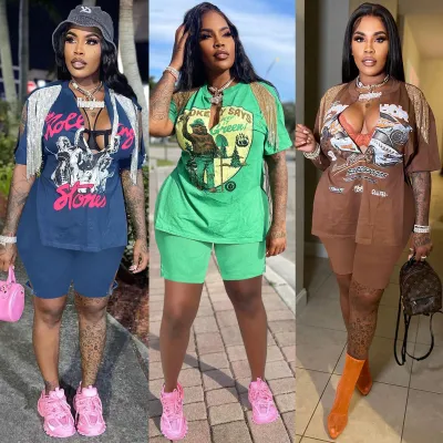 Printed Hip Hop Street Slit Fringe Short Sleeve Suit
