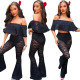 Sexy One-shoulder Ruffled Open-waist Lace Flared Pants Suit
