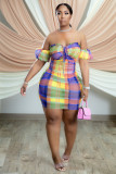 Wrap Chest Mesh Yarn Plaid Colorblock Print Dress