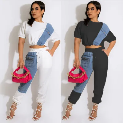 Fashion Casual Knitted Denim Stitching Tracksuit