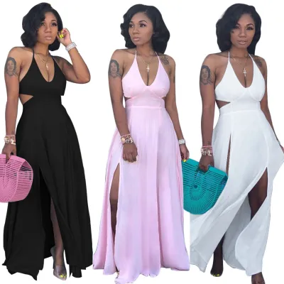 Sexy Solid Slim Fit Sling Hollow Out Waist Dress
