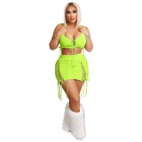 Sexy Solid Color Hollow Eyelet Drawstring Sleeveless Two-piece Set