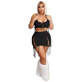 Sexy Solid Color Hollow Eyelet Drawstring Sleeveless Two-piece Set